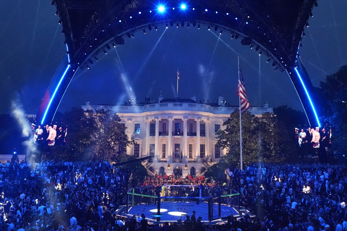 Lights shine at the UFC Freedom 250 on the South Lawn of the White House on June 14, 2026. (Mark Schiefelbein/AP Photo)