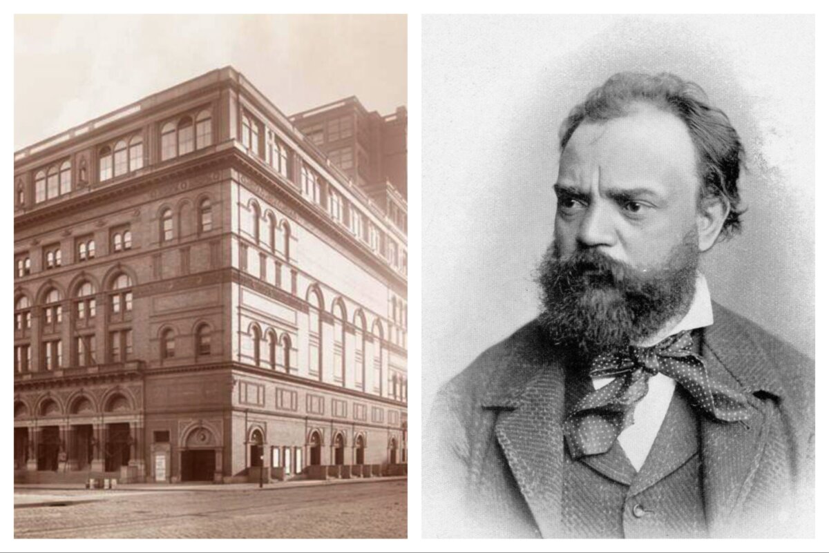 (Right) Antonin Dvorak. (Left) The composer premiered his "New World Symphony" at Carnegie Hall in New York in 1893. (Public Domain)