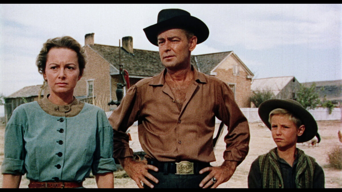 (L–R) Linnett (Olivia de Haviland), John Chandler (Alan Ladd), and David Chandler (David Ladd), in "Proud Rebel." (Formosa Productions)