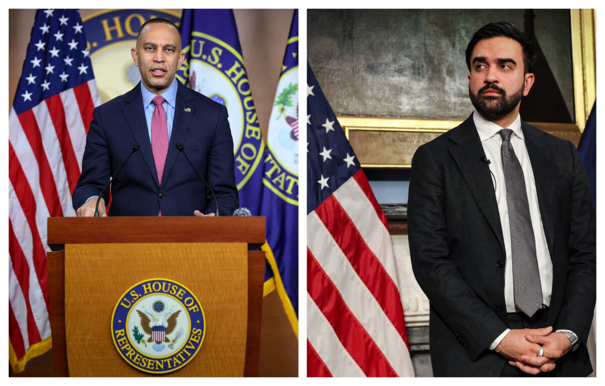 (Left) House Democratic Leader Hakeem Jeffries (D-N.Y.) speaks during a press conference in Washington on Feb. 9, 2026. (Michael M. Santiago/Getty Images)
(Right) New York City Mayor Zohran Mamdani speaks about the fiscal year 2027 budget in New York City on May 12, 2026. (Timothy A. Clary / AFP via Getty Images)
