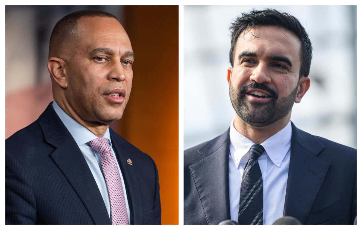 (Left) House Minority Leader Hakeem Jeffries speaks during a press conference in Washington on Feb. 9, 2026. (Michael M. Santiago/Getty Images)
(Right) New York City Mayor Zohran Mamdani speaks about the fiscal year 2027 budget in New York City on May 12, 2026. (Timothy A. Clary/AFP via Getty Images)