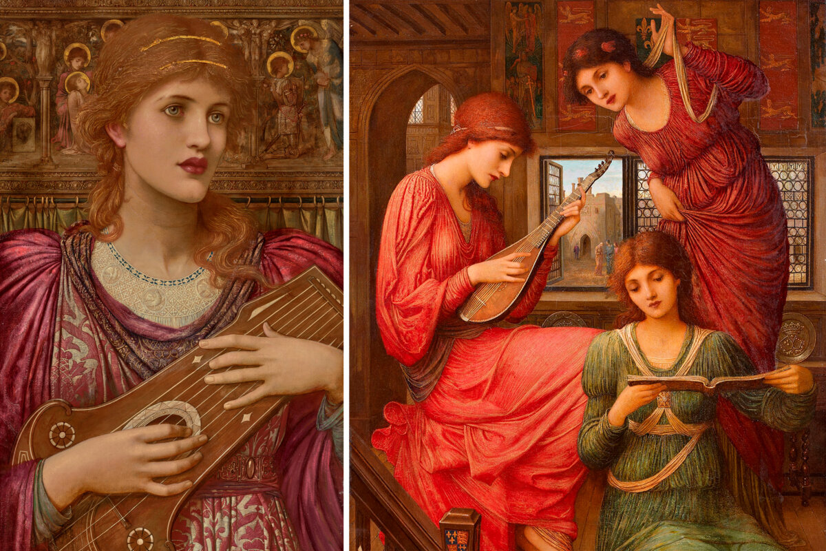 A detail of two paintings by John Melhuish Strudwick where where music, poetry, and medieval fantasy entwine. (Left) A detail of "'Thy Music, faintly falling, dies away,Thy dear eyes dream that Love will live for aye," which is estimated to sell between $940,000 and $1.3 million. (Right) A detail of "In the Golden Days" sold for over $430,000 in 1987. (Christies)