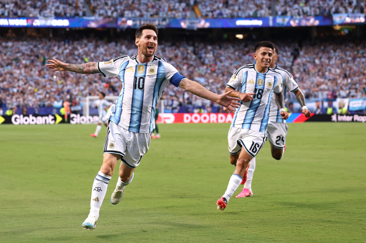 Lionel Messi #10 of Argentina celebrates scoring his team's first goal during the FIFA World Cup 2026 Group J match between Argentina and Algeria at Kansas City Stadium in Kansas City, Mo., on June 16, 2026. (Charlotte Wilson/Getty Images)