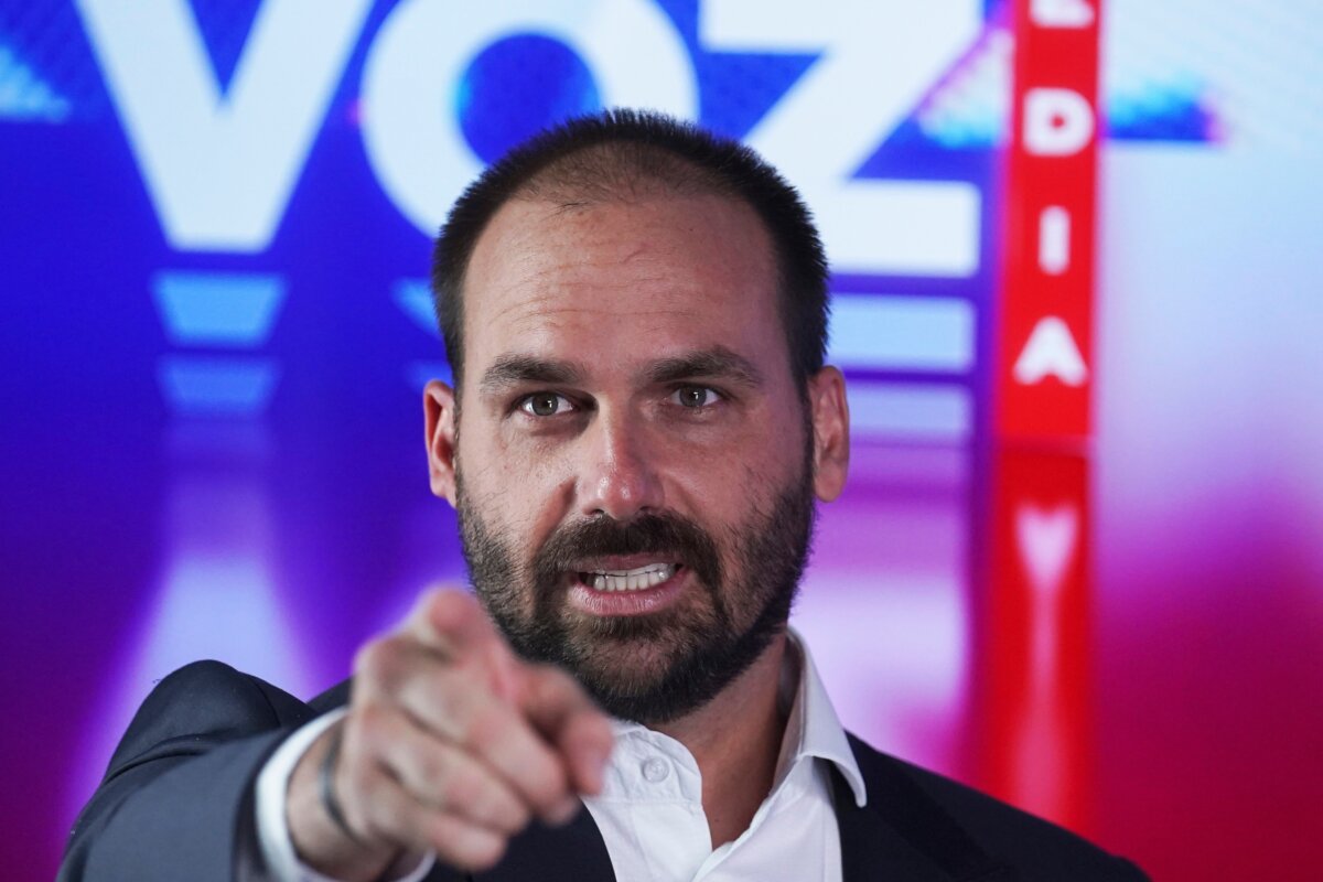 Eduardo Bolsonaro, a Brazilian lawmaker and son of President Jair Bolsonaro, speaks at a gathering of conservatives, in Mexico City, Mexico on Nov. 18, 2022. (Marco Ugarte/AP)