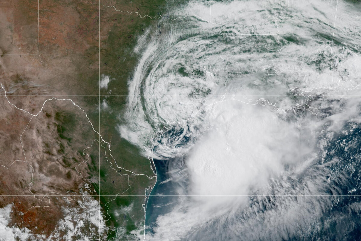 This GOES-19 GeoColor satellite image provided by NOAA shows Tropical Storm Arthur along the Gulf coast of Texas, on June 17, 2026. (NOAA via AP)