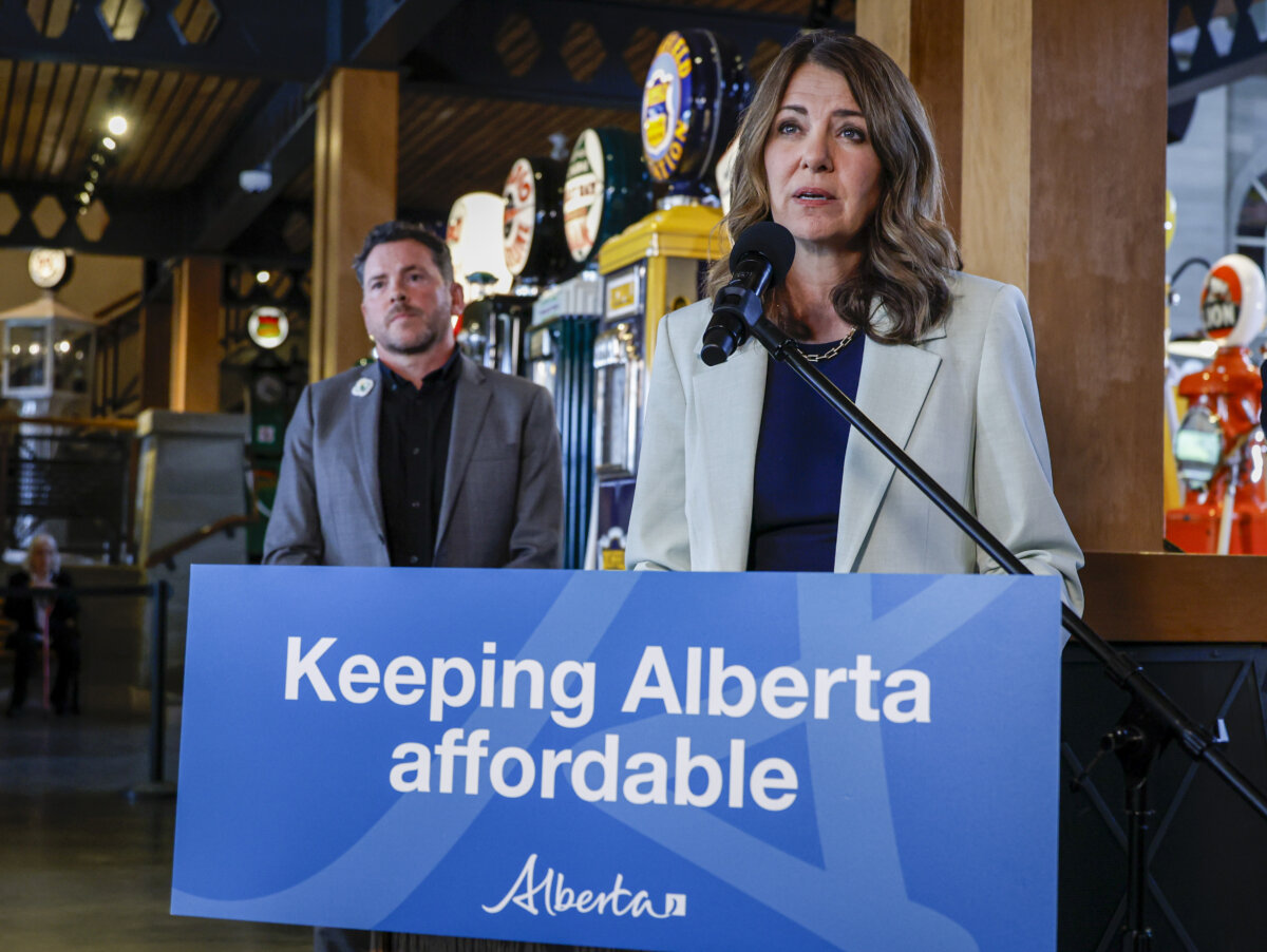 Alberta Premier Danielle Smith announces a new affordability measure in Calgary on June 17, 2026. (The Canadian Press/Jeff McIntosh)