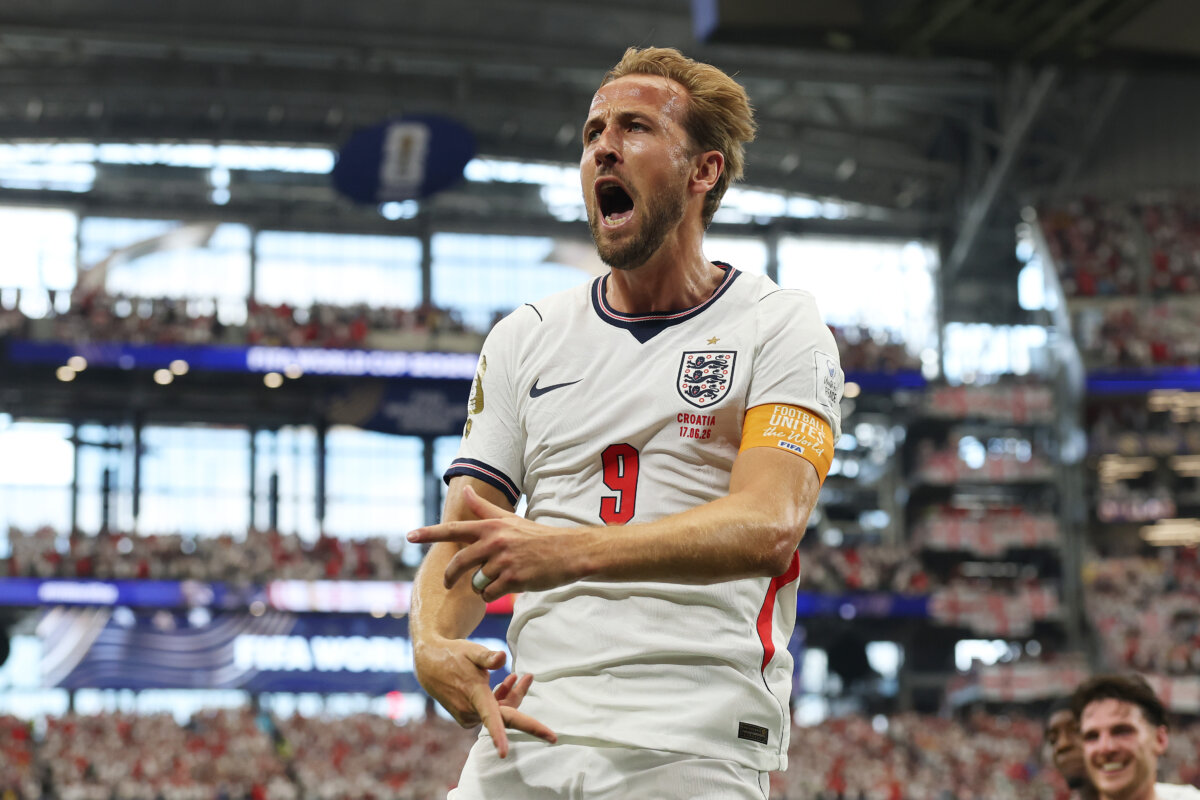 Harry Kane #9 of England celebrates scoring his team's second goal during the FIFA World Cup 2026 Group L match between England and Croatia at Dallas Stadium in Arlington, Texas, on June 17, 2026. (Richard Pelham/Getty Images)