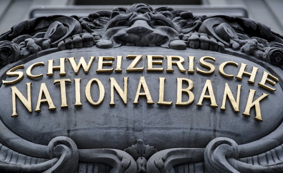 The Swiss National Bank (SNB) logo on its building in Bern, Switzerland, on April 2, 2022. (Arnd Wiegmann/Reuters)