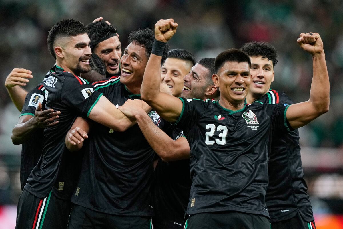 Mexico's Luis Romo (3rd L) celebrates with his teammates after scoring his team's first goal during the World Cup group A soccer match between Mexico and South Korea in Zapopan, near Guadalajara, Mexico, on June 18, 2026. (Natacha Pisarenko/AP Photo)