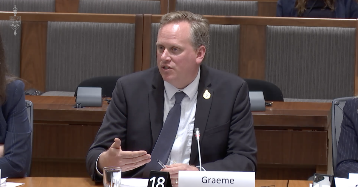 Graeme Hamilton, director general at the Canada Border Services Agency, testifies before the House of Commons Standing Committee on International Trade on June 18, 2026. (House of Commons/Screenshot via The Epoch Times)