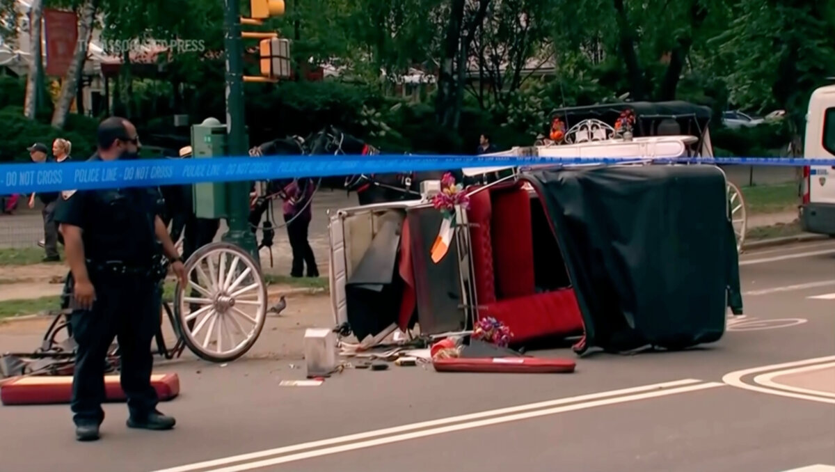 Police investigate the scene after a Central Park carriage horse bolted away from its driver, killing a teenager from India in New York City on June 17, 2026. (WABC-TV via AP)