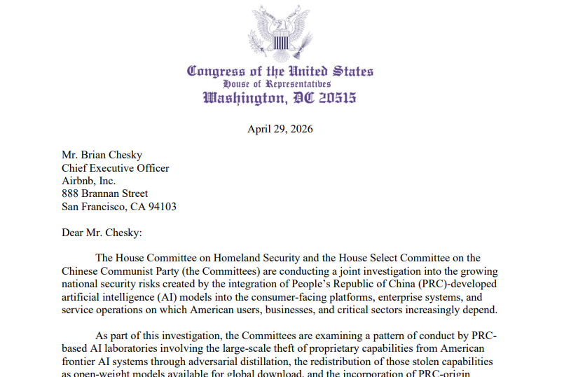 A portion of an April 29 letter from the House Homeland Security Committee and the House Select Committee on the Chinese Communist Party to Airbnb. House Homeland Security Committee