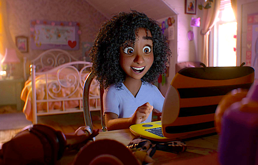Young girl on her tablet in her bedroom in Toy Story 5