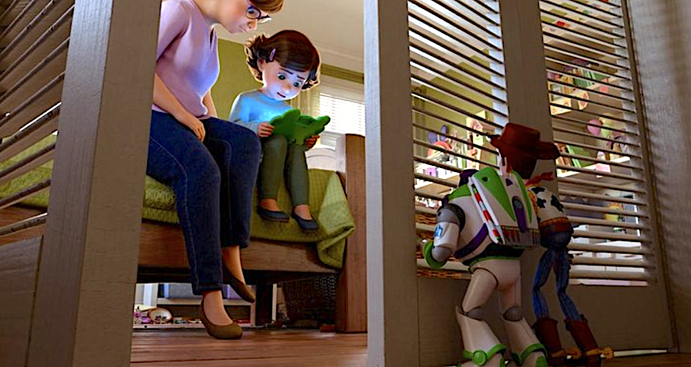 Mother and daughter being spied on by 2 toys in Toy Story 5