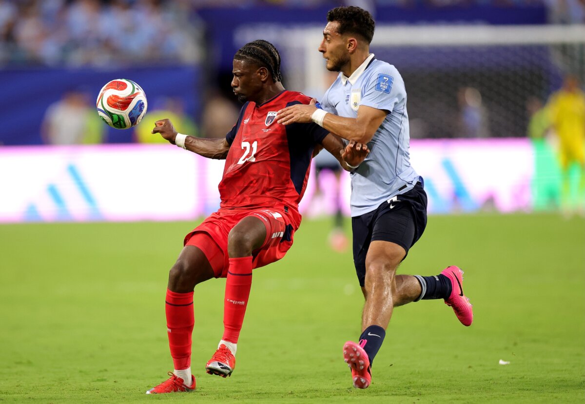 Nuno da Costa (21) of Cabo Verde is challenged by Sebastian Caceres (3) of Uruguay during the FIFA World Cup 2026 Group H match between Uruguay and Cabo Verde at Miami Stadium in Miami Gardens, Fla., on June 21, 2026. (Alex Slitz/Getty Images)