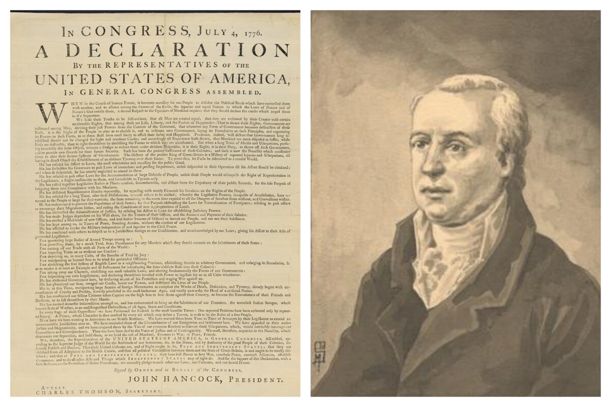 (Left) The Dunlap broadside copy of the United States Declaration of Independence. (Public Domain) (Right) John Dunlap worked through the night of July 4 to print as many as possible. New York Public Library. (Public Domain)