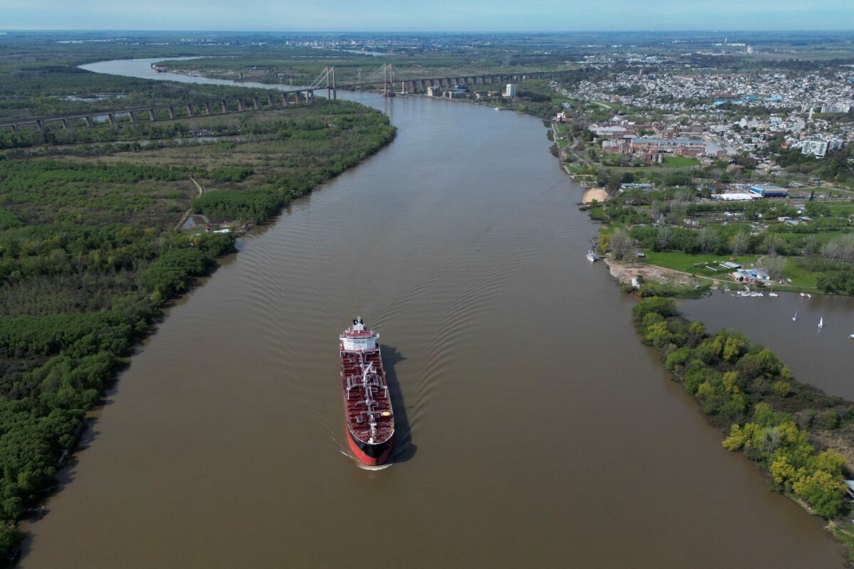 Aerial view of a boat sailing on the Paraná River near the Zarate port in Zarate, Argentina, on Sept. 18, 2025. (Luis Robayo/AFP via Getty Images)