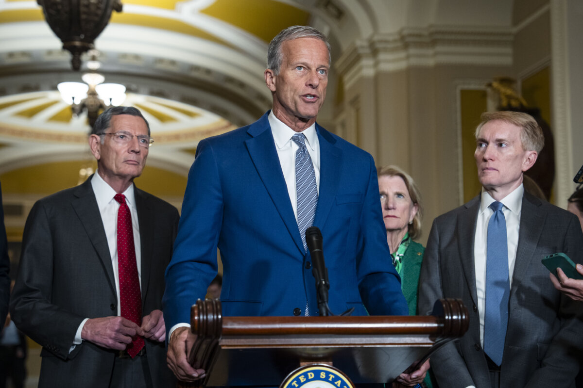 Senate Majority Leader John Thune (R-S.D.) speaks in Washington on June 23, 2026. (Madalina Kilroy/The Epoch Times)