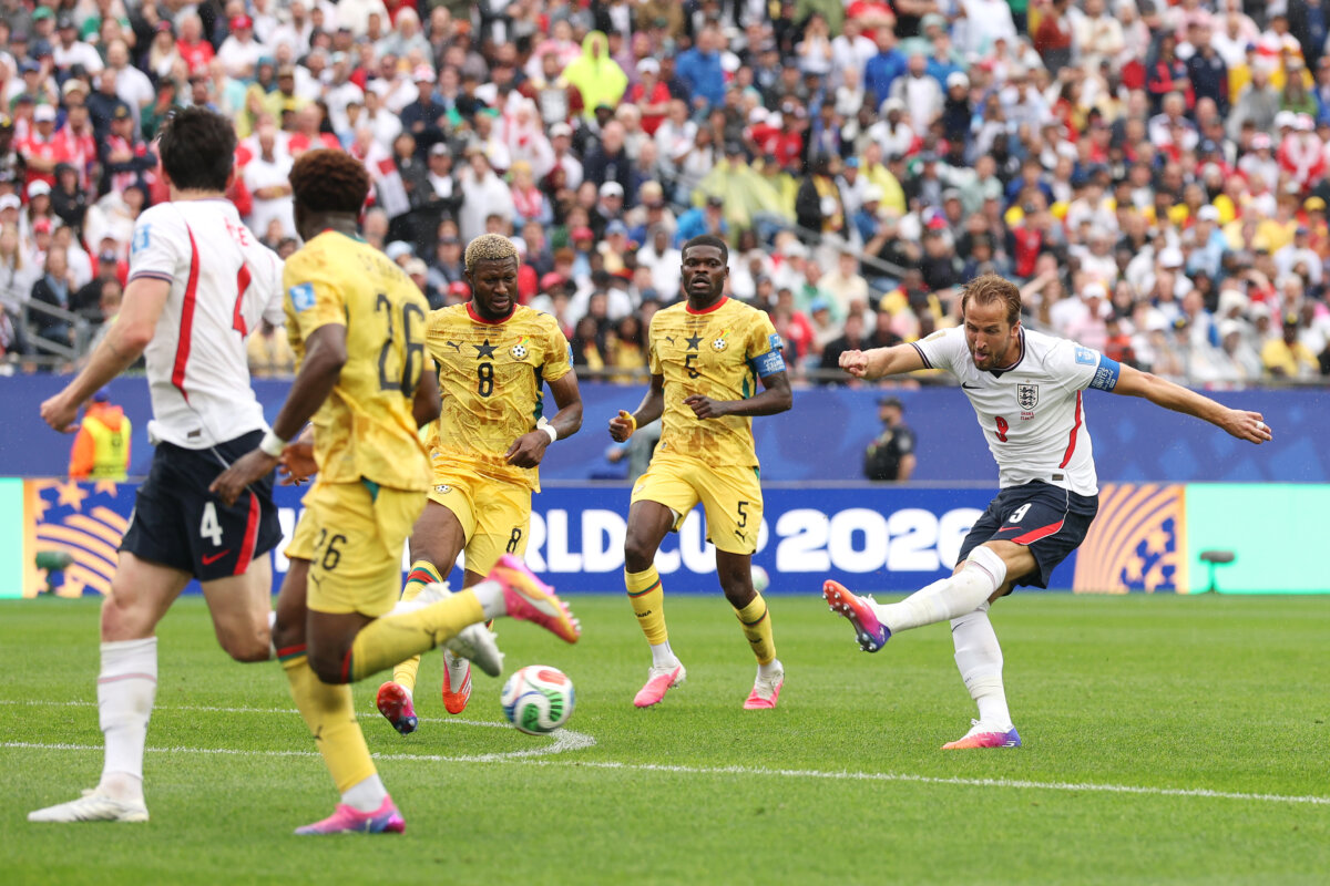 Harry Kane (9) of England shoots at goal during the FIFA World Cup 2026 Group L match between England and Ghana at Boston Stadium in Foxborough, Mass., on June 23, 2026. (Richard Pelham/Getty Images)