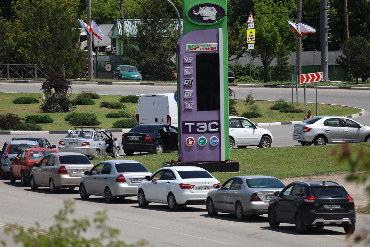 Cars line up at a petrol station in Simferopol, Crimea, on June 12, 2026. (AP Photo)
