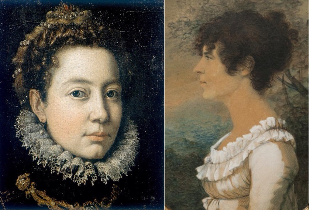 (Right) Portrait of Sophonisba Angusciola Peale, a lady of the arts and sciences, 1805, by her father Charles Willson Peale. (Left) A self-portrait of the artist for whom she was named, Sophonisba Angusciola, circa 1560. (Public Domain)