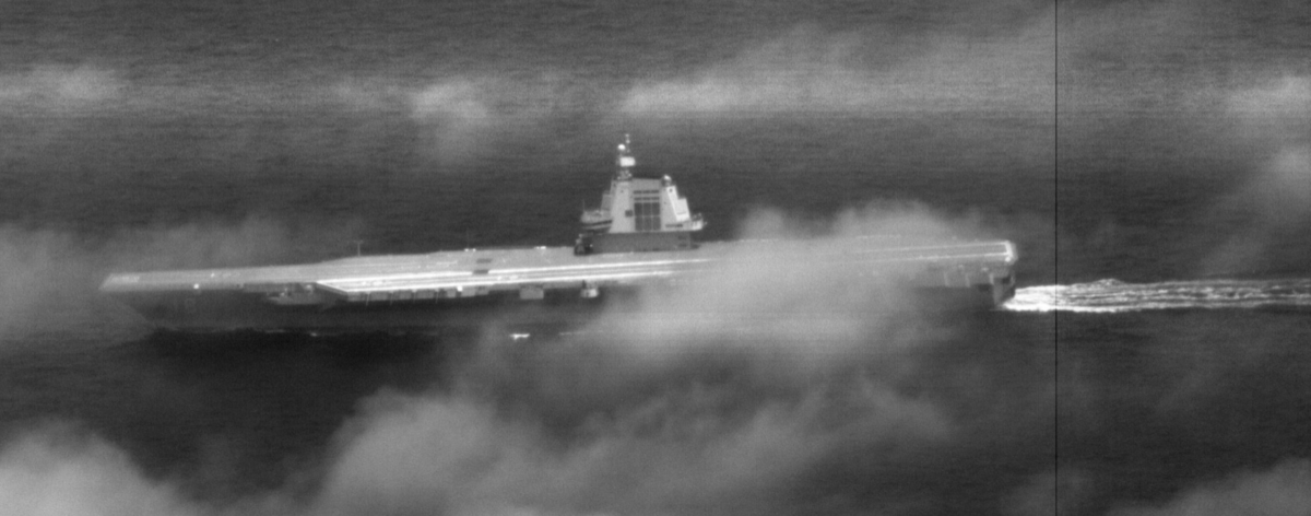 China’s Fujian aircraft carrier, also known by its hull number CV-18, transits the Taiwan Strait on June 23, 2026. (ROC Ministry of National Defense)