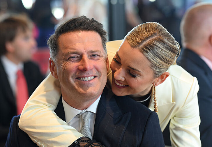 Karl Stefanovic and Jasmine Stefanovic pose for a photo during 2025 Melbourne Cup Day at Flemington Racecourse in Melbourne, Australia on Nov. 4, 2025. (Wendell Teodoro/Getty Images)
