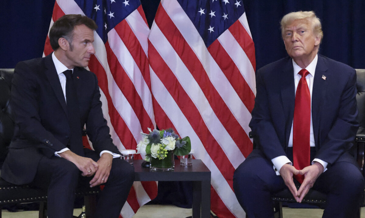 US President Donald Trump holds a bilateral meeting with France's President Emmanuel Macron on the sidelines of the United Nations General Assembly in New York City on Sept. 23, 2025. (Ludovic Marin/AFP via Getty Images)