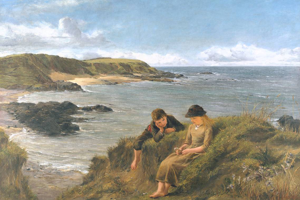 A detail of "Young Dreams," 1887, by James Clarke Hook. Two children lie in the long grass above a Welsh coastline, lost in idle thought as the sea stretches out behind them. (Public Domain)