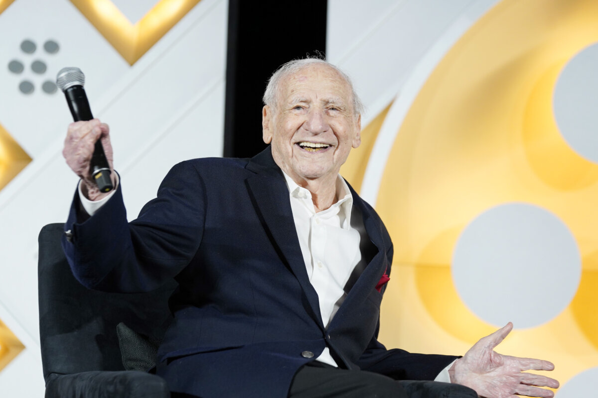 Mel Brooks speaks onstage at a "Spaceballs" screening during the 2024 TCM Classic Film Festival at TCL Chinese Theatre in Hollywood, Calif., on April 21, 2024. (Presley Ann/Getty Images for TCM)