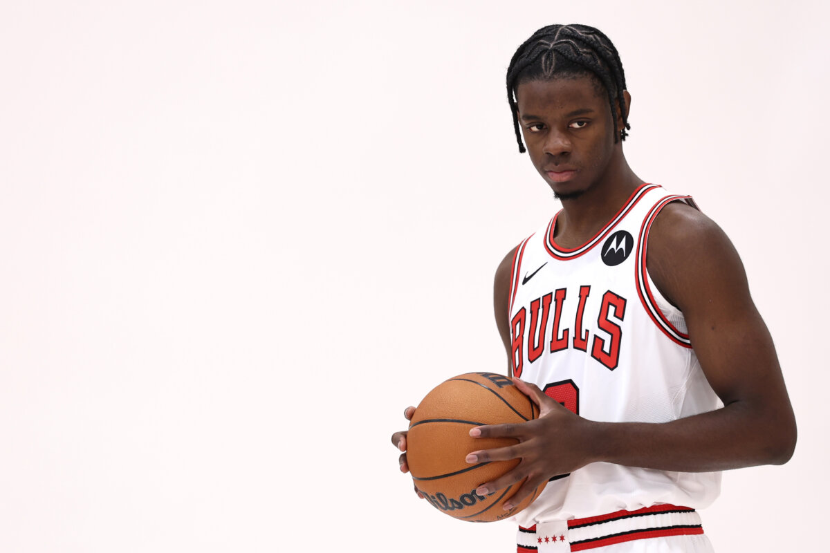 Chicago Bulls first round draft pick Caleb Wilson poses for a portrait after a press conference at Advocate Center in Chicago on June 26, 2026. (Geoff Stellfox/Getty Images)