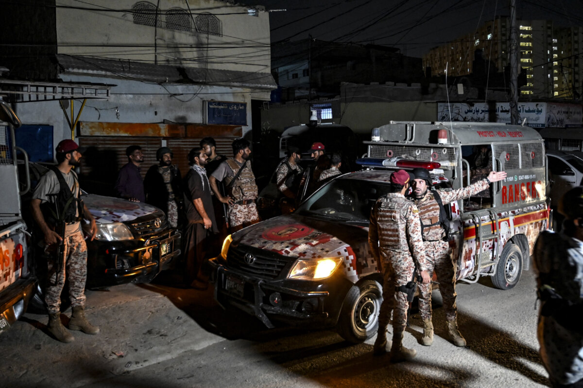 Paramilitary soldiers cordon off the streets around the Mosamiat Chowrangi area after an attack on Pakistan's Security Rangers compound in Karachi, Pakistan, on June 27, 2026. (Asif Hassan/AFP via Getty Images)