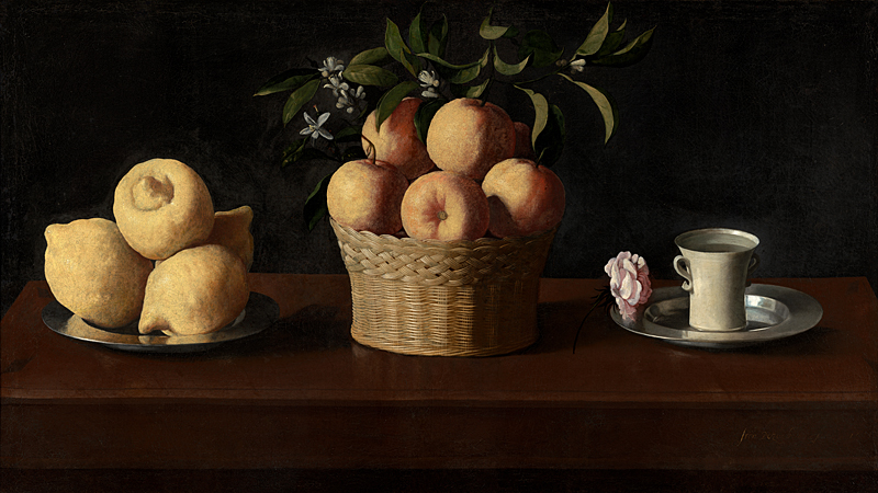 “Still Life With Lemons, Oranges and a Rose,” 1633, by Francisco de Zurbarán. Oil on canvas; 2 foot 1/2 inches by 3 foot 7 1/8 inches. The Norton Simon Foundation, Pasadena, Calif. (Copyright The Norton Simon Foundation)
