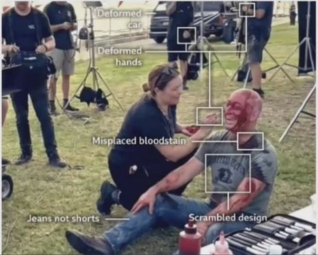 The debunked AI image of Ostrovsky with a makeup artist faking his head wound, showing telltale signs of being created by AI. Courtesy of the Royal Commission into Antisemitism and Social Cohesion.
