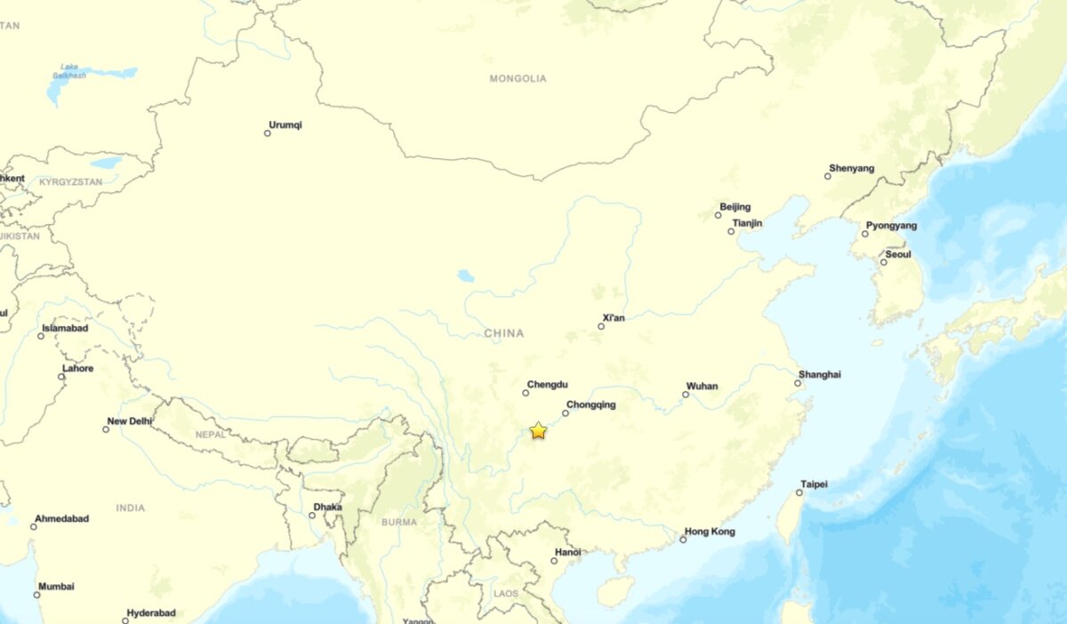 A map shows the location of a magnitude-5.2 earthquake that struck Sichuan, China, early on June 29, 2026. (USGS/Screenshot via The Epoch Times)