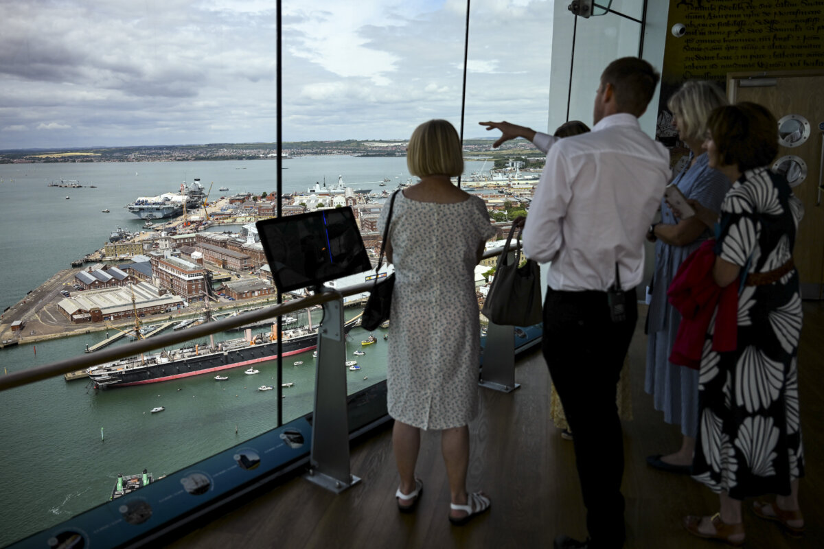 The Royal Navy's HMS Queen Elizabeth aircraft carrier and other ships at Portsmouth naval base are viewed from Spinnaker Tower in Portsmouth, England, on June 29, 2026. (Finnbarr Webster/Getty Images)