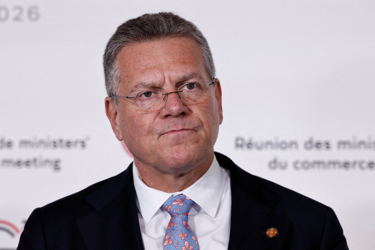 European Commissioner for Trade and Economic Security Maros Sefcovic speaks to the media as he arrives for a meeting of the Trade Ministers of the G7 countries in Paris on May 6, 2026. (Benoit Tessier/Pool/AFP via Getty Images)
