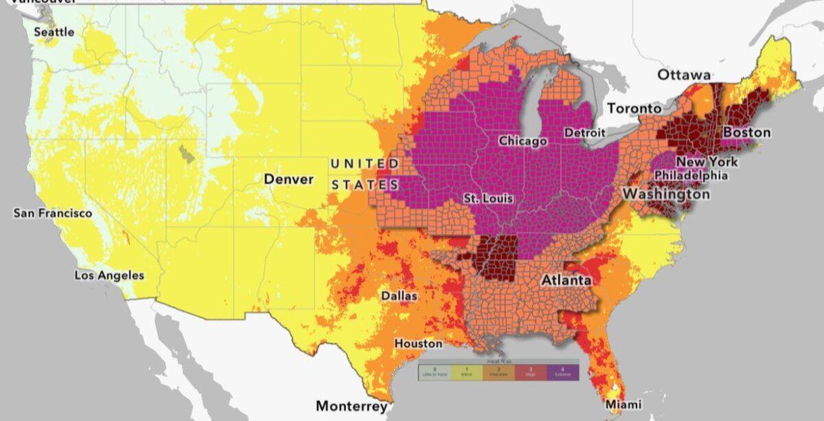 A map released by the National Weather Service on June 30, 2026, shows heat-related advisories across the US. Areas in purple are under extreme heat warnings, while areas in dark red are under extreme heat watches. Areas in orange are under heat advisories. (National Weather Service via The Epoch Times)