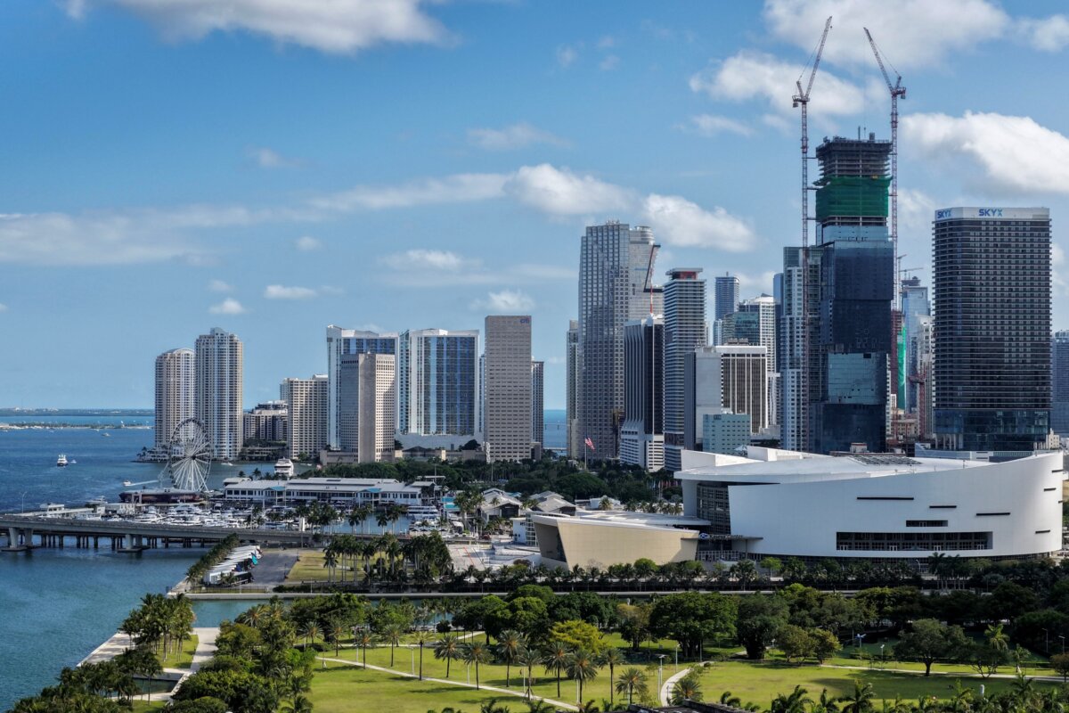 An aerial view of the skyline on April 29, 2026 in Miami. (Photo by Joe Raedle/Getty Images)