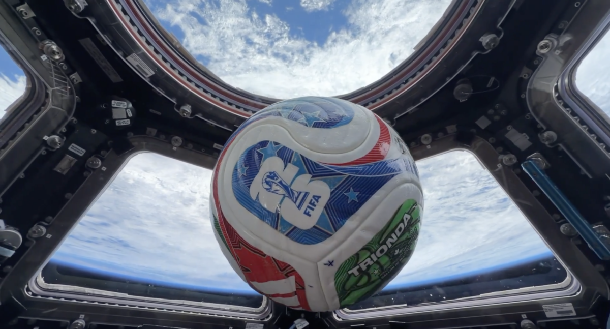 A World Cup 2026 soccer ball above the Earth inside the International Space Station on June 18, 2026. (NASA/Screenshot)