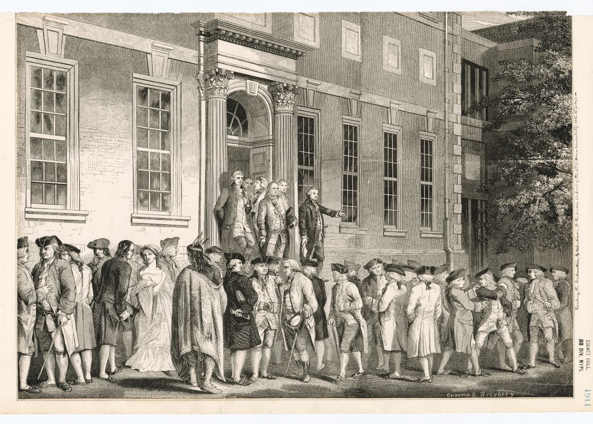 John Nixon reading the Declaration of Independence to the people in front of the State House. New York Public Library. (Public Domain)