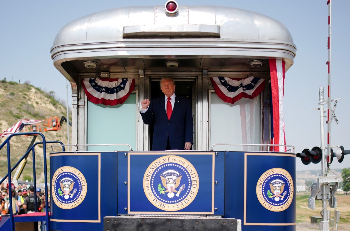 President Donald Trump arrives in a Freedom250-themed train ahead of a dedication ceremony for the Theodore Roosevelt Presidential Library in Medora, N.D., on July 1, 2026. (Andrew Harnik/Getty Images)