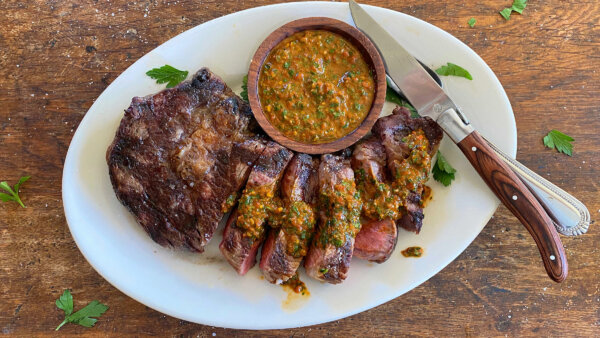 Ribeye Steaks With Roasted Red Pepper Chermoula Sauce