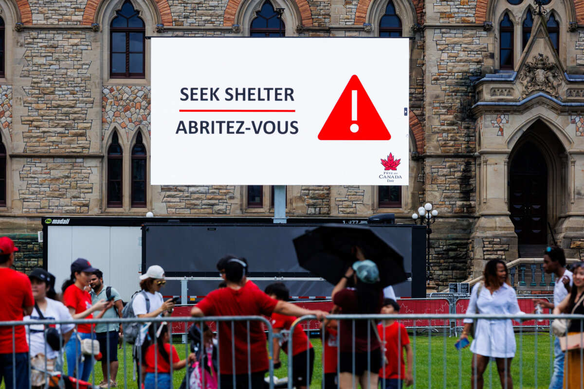 A seek shelter warning is seen on Parliament Hill during Canada Day festivities in Ottawa, on July 1, 2026. (The Canadian Press/Keito Newman)