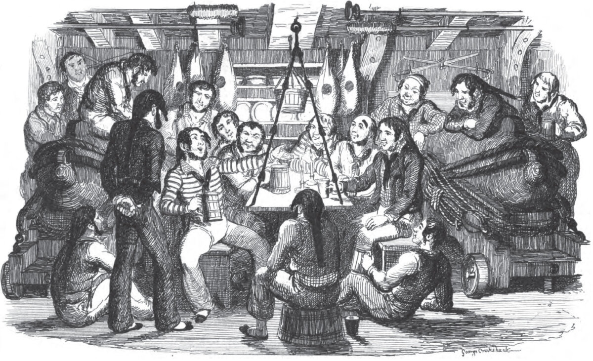 An illustrated plate "Saturday Night at Sea," by George Cruikshank, from the 1841 book "Songs, Naval and National" by Thomas Dibdin. Internet Archive. (Public Domain)
