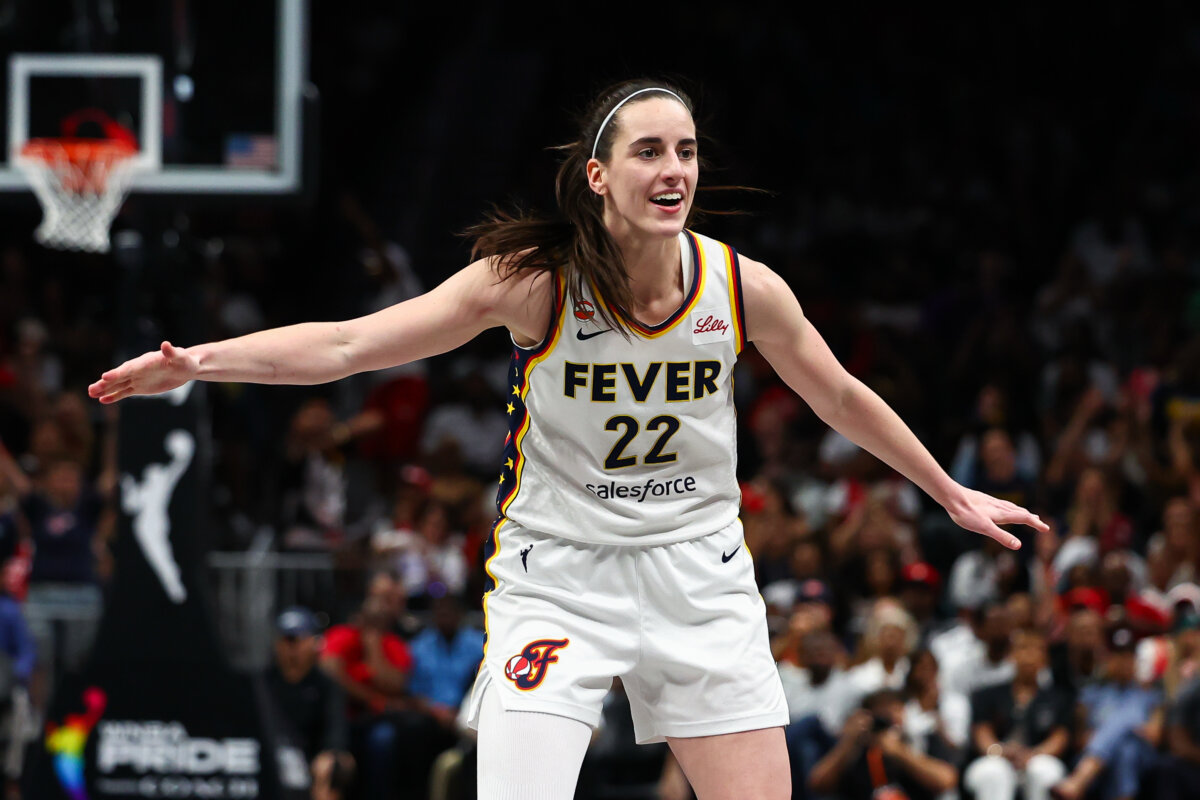 Caitlin Clark (22) of the Indiana Fever reacts during the second quarter against the Atlanta Dream at State Farm Arena in Atlanta on June 20, 2026. (Colin Hubbard/Getty Images)