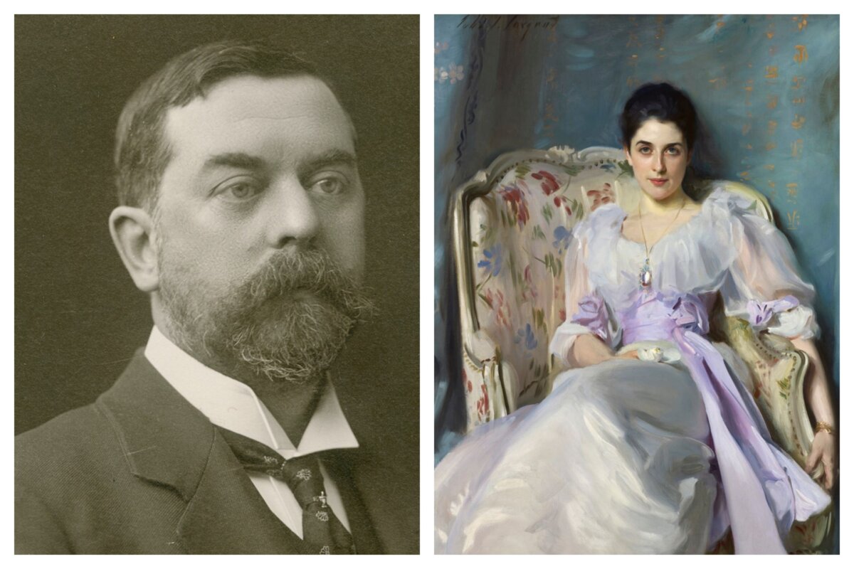 (Left) A cropped portrait of John Singer Sargent by photographer James E. Purdy, 1903. National Gallery of Art Library, Washington, D.C. (Public Domain) (Right) His famous portrait "Lady Agnew of Lochnaw." Museum of Fine Arts, Boston. (Public Domain)