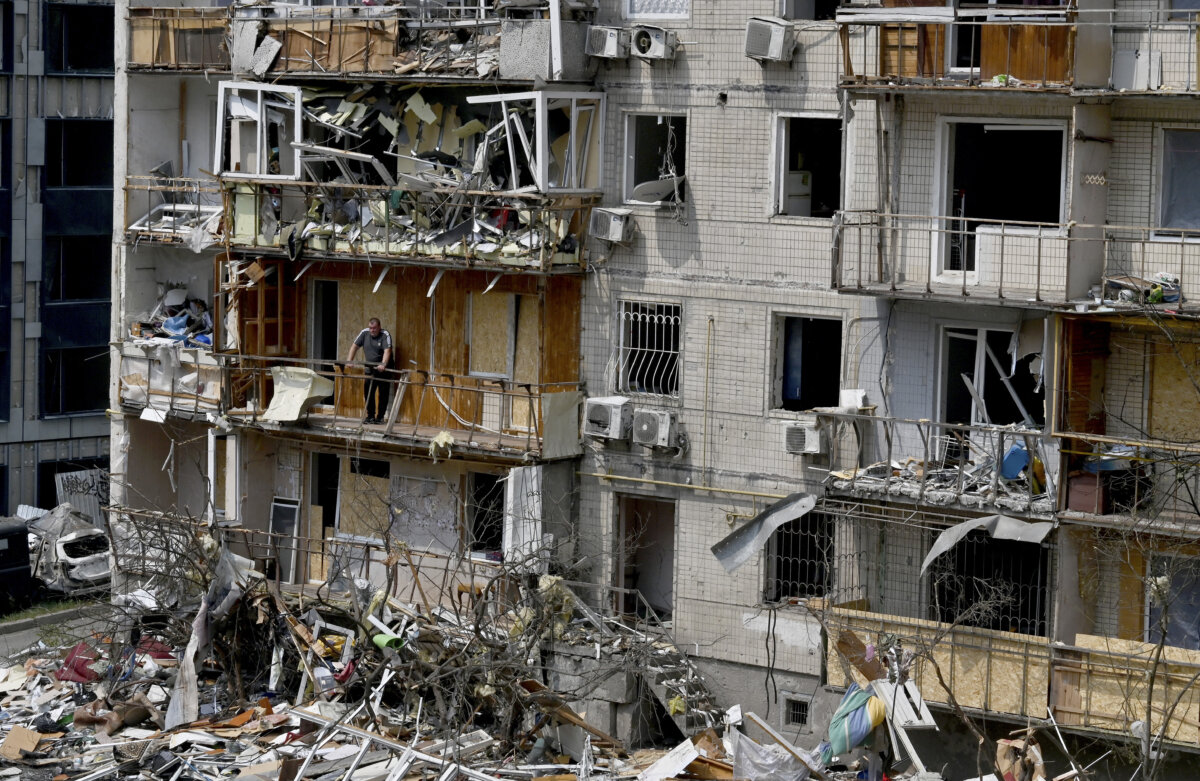 A residential building damaged by a Russian air attack on the Ukrainian capital of Kyiv, on July 3, 2026. (Sergei Supinsky/ AFP via Getty Images)