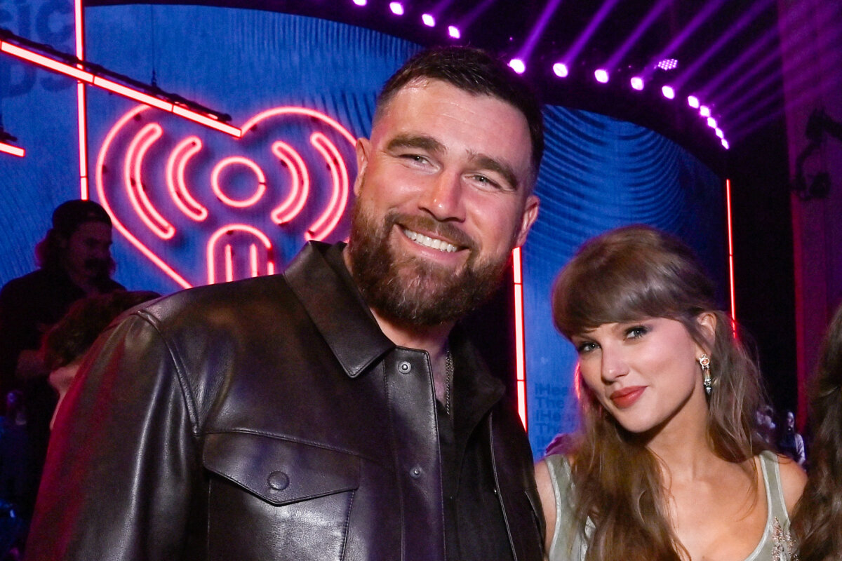 Travis Kelce (L) and Taylor Swift attend the 2026 iHeartRadio Music Awards at Dolby Theatre in Los Angeles on March 26, 2026. (Jon Kopaloff/Getty Images for iHeartRadio)