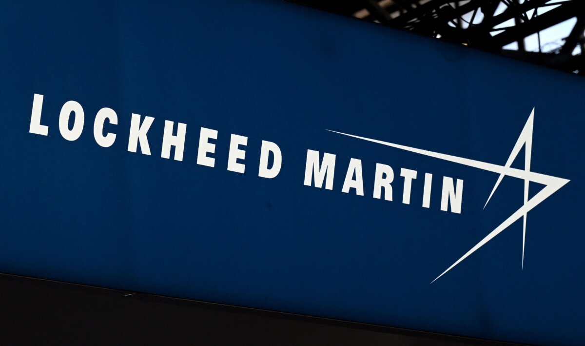 Lockheed Martin's logo is displayed at the Eurosatory international land and air-land defense and security trade fair in Villepinte, a northern suburb of Paris, on June 13, 2022. (Emmanuel Dunand/AFP via Getty Images)